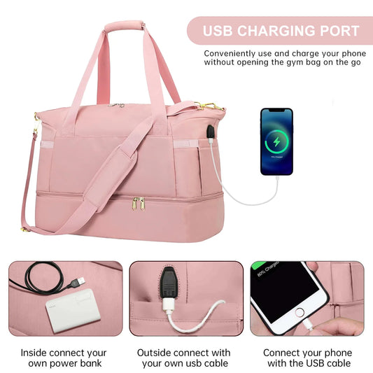 Women's Travel Duffel Bag - Large Gym Weekender Bag with USB Charging Port, Wet Pocket, and Shoe Compartment in Pink