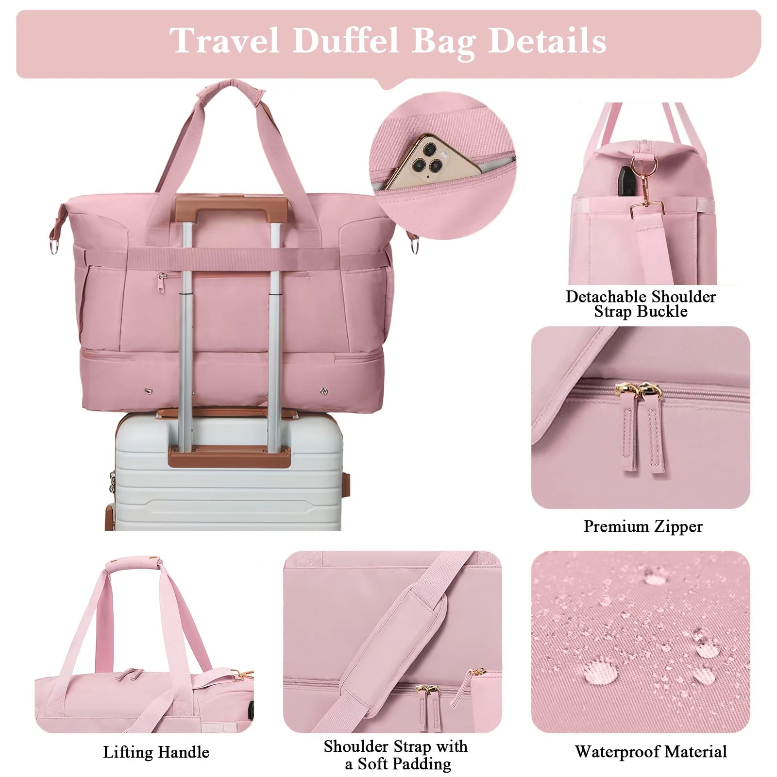 Women's Travel Duffel Bag - Large Gym Weekender Bag with USB Charging Port, Wet Pocket, and Shoe Compartment in Pink