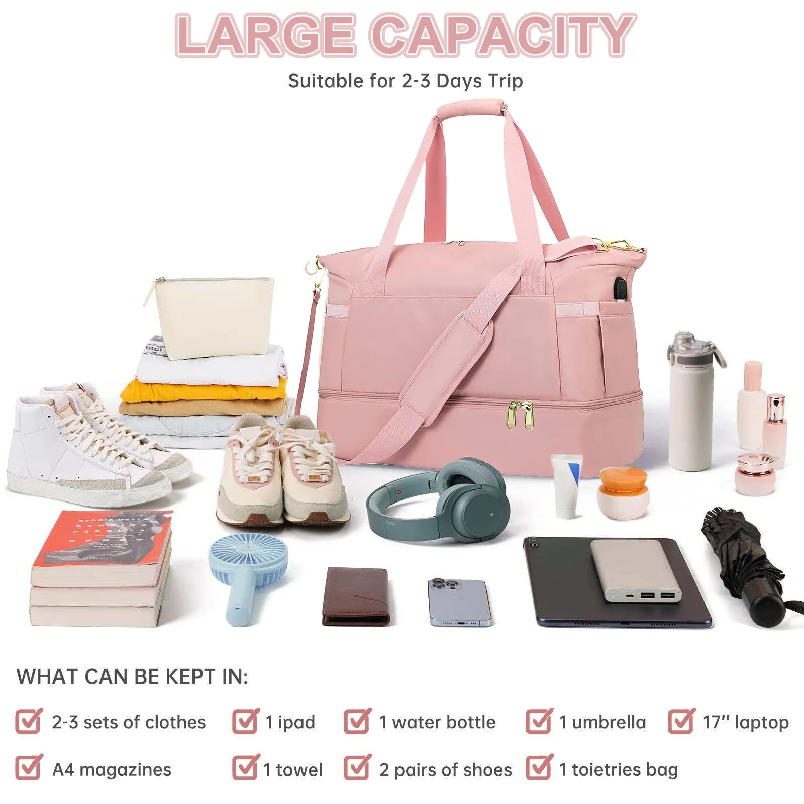 Women's Travel Duffel Bag - Large Gym Weekender Bag with USB Charging Port, Wet Pocket, and Shoe Compartment in Pink