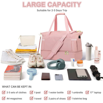 Women's Travel Duffel Bag - Large Gym Weekender Bag with USB Charging Port, Wet Pocket, and Shoe Compartment in Pink