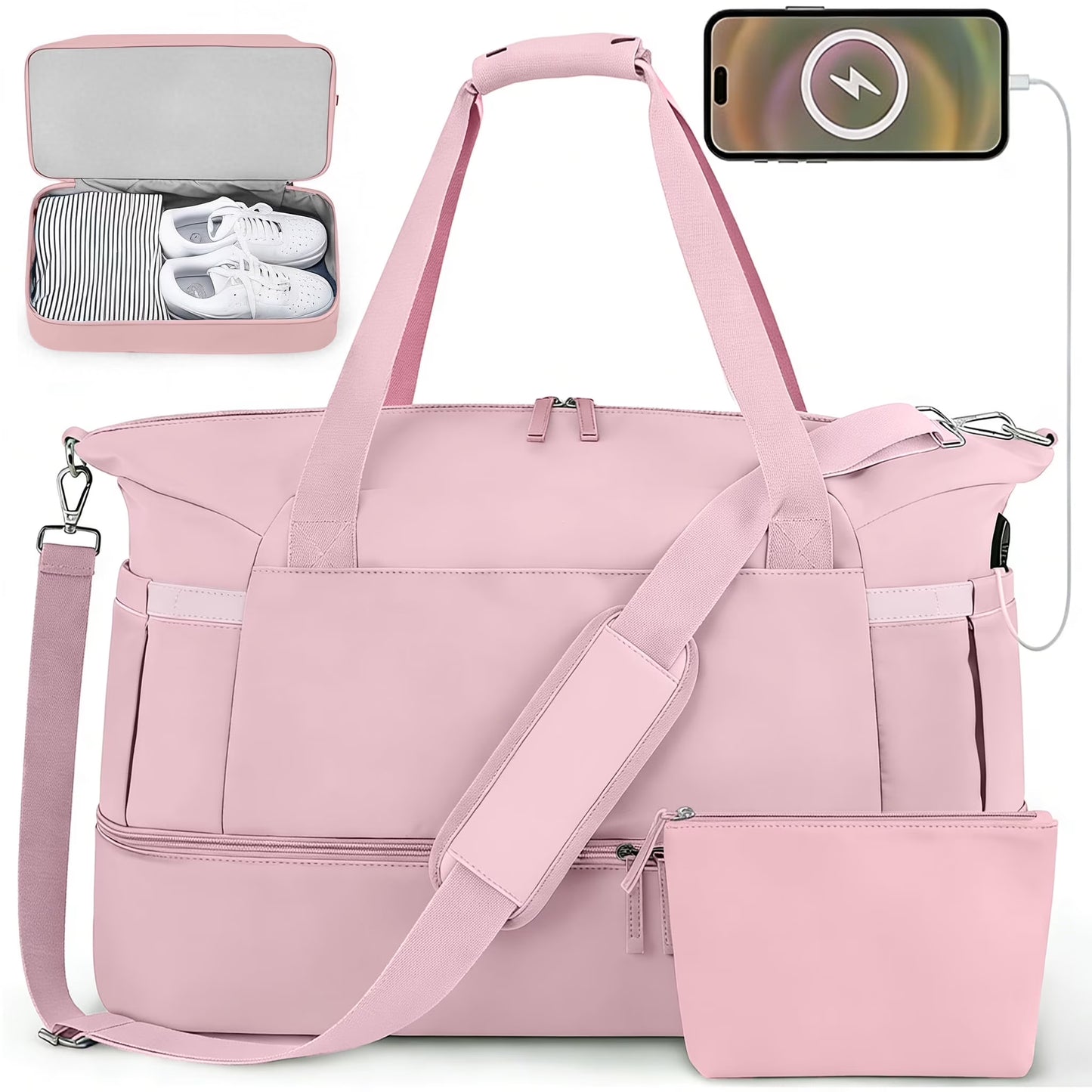 Women's Travel Duffel Bag - Large Gym Weekender Bag with USB Charging Port, Wet Pocket, and Shoe Compartment in Pink