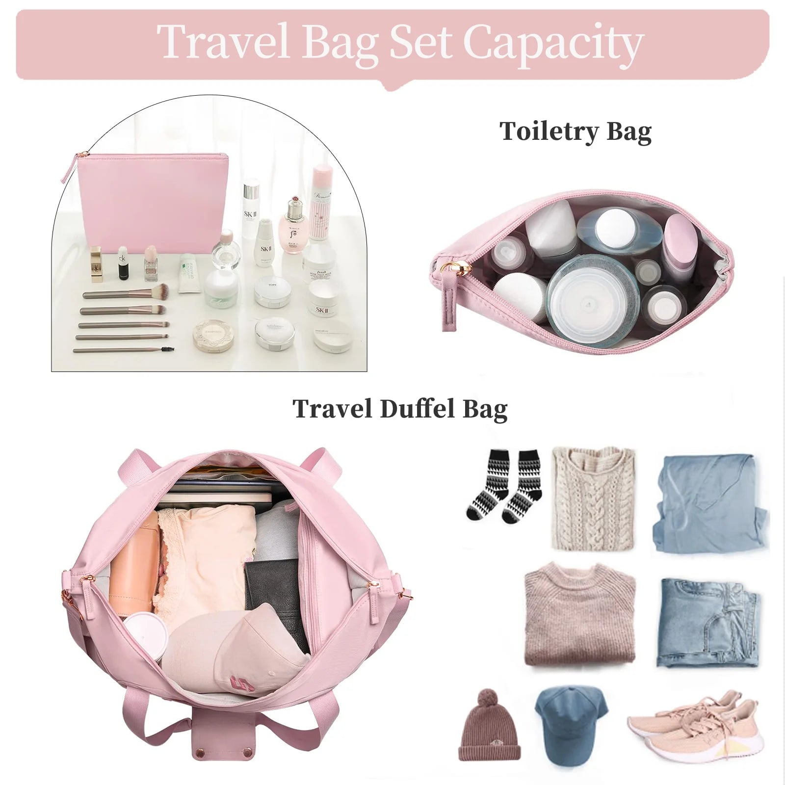 Women's Travel Duffel Bag - Large Gym Weekender Bag with USB Charging Port, Wet Pocket, and Shoe Compartment in Pink