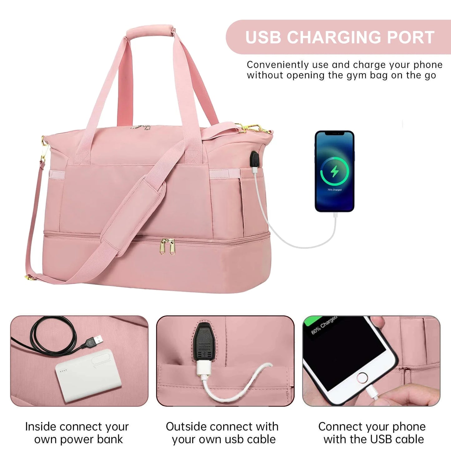 Women's Travel Duffel Bag - Large Gym Weekender Bag with USB Charging Port, Wet Pocket, and Shoe Compartment in Pink