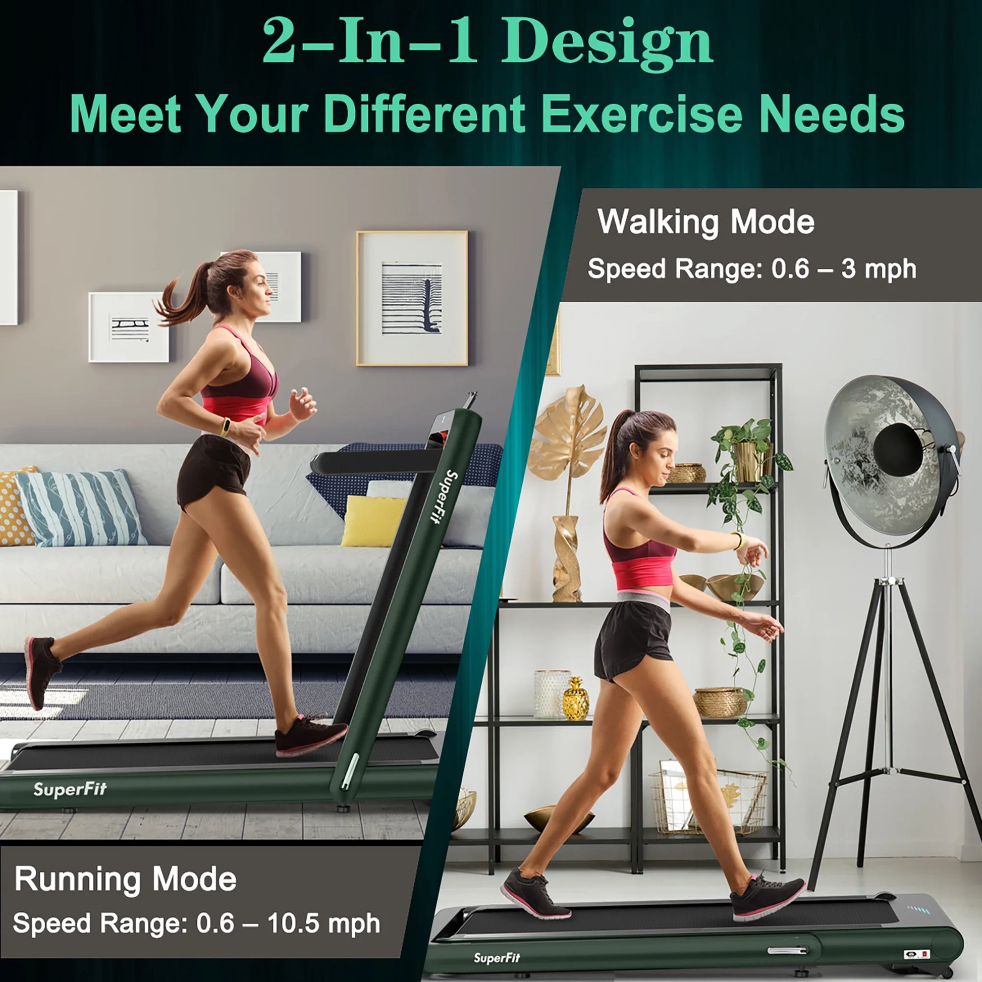 Superfit 4.75HP 2-in-1 Folding Treadmill with Remote App Control for Home Use