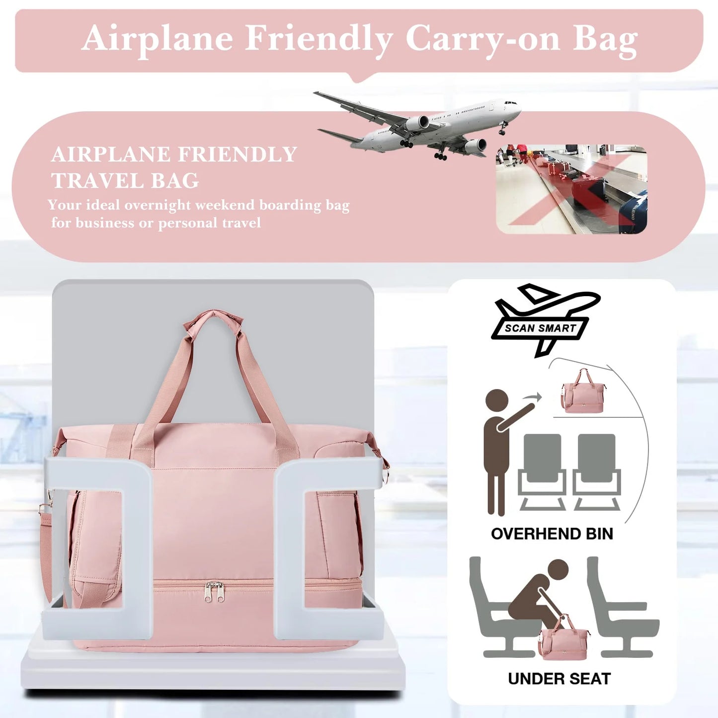 Women's Travel Duffel Bag - Large Gym Weekender Bag with USB Charging Port, Wet Pocket, and Shoe Compartment in Pink