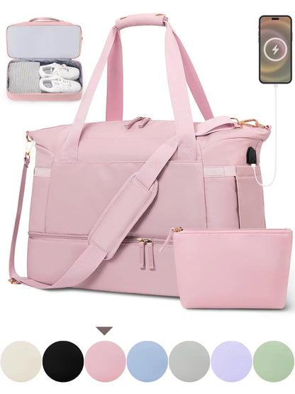 Women's Travel Duffel Bag - Large Gym Weekender Bag with USB Charging Port, Wet Pocket, and Shoe Compartment in Pink