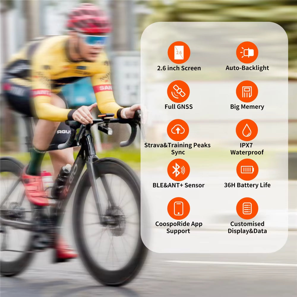 BC200 Wireless GPS Bicycle Computer - Bluetooth 5.0 and ANT+ Enabled Bike Speedometer and Odometer with 2.6-Inch Display, App Synchronization, Slope, and Altitude Tracking