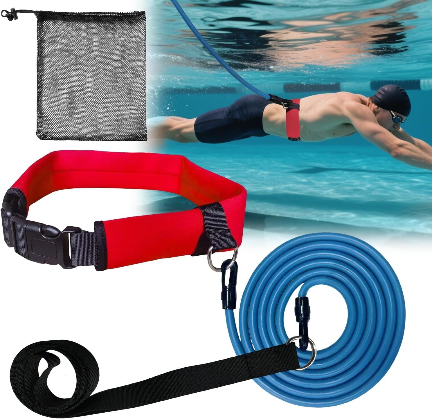 Swim Tether Resistance Belt – Professional Bungee Swim Trainer Harness for Adults