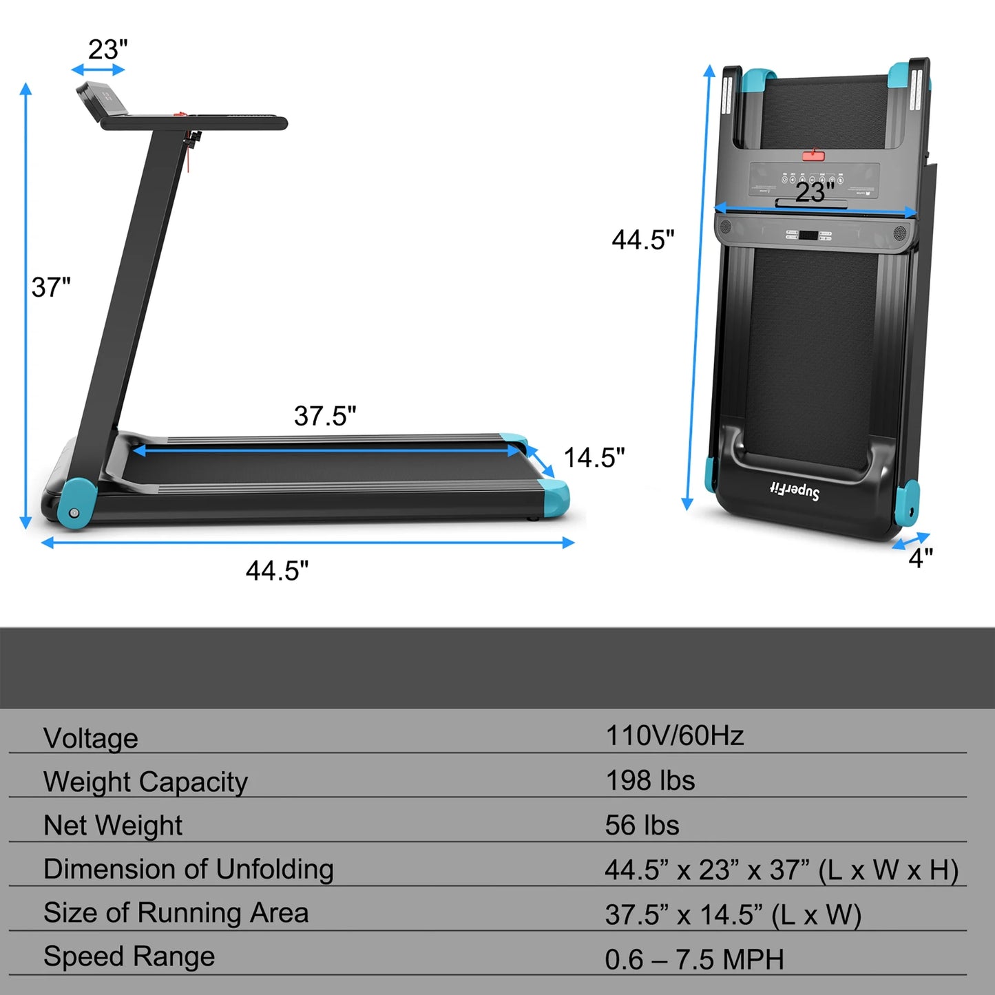 Superfit Compact Electric Treadmill with App Control and Integrated Speaker