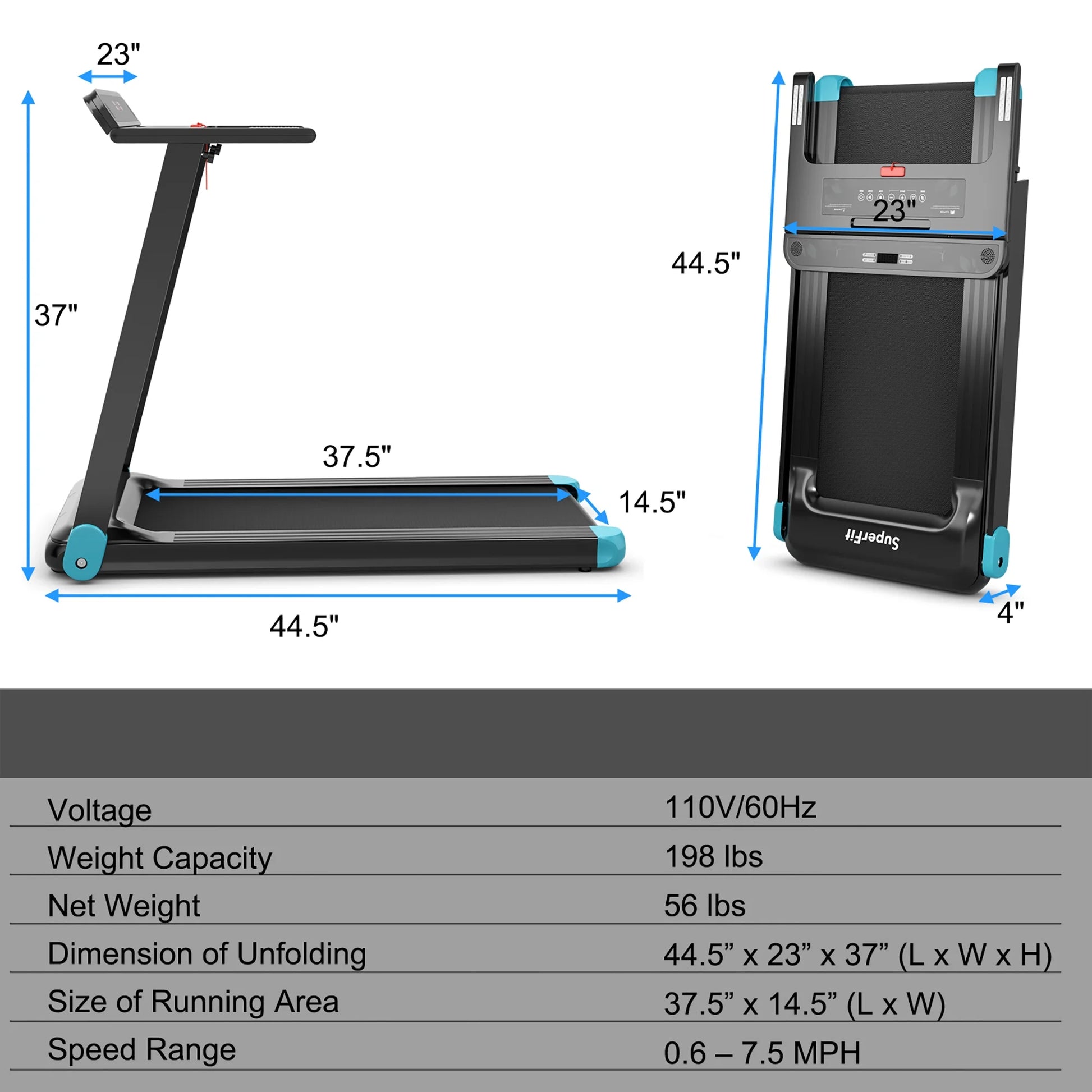 Superfit Compact Electric Treadmill with App Control and Integrated Speaker