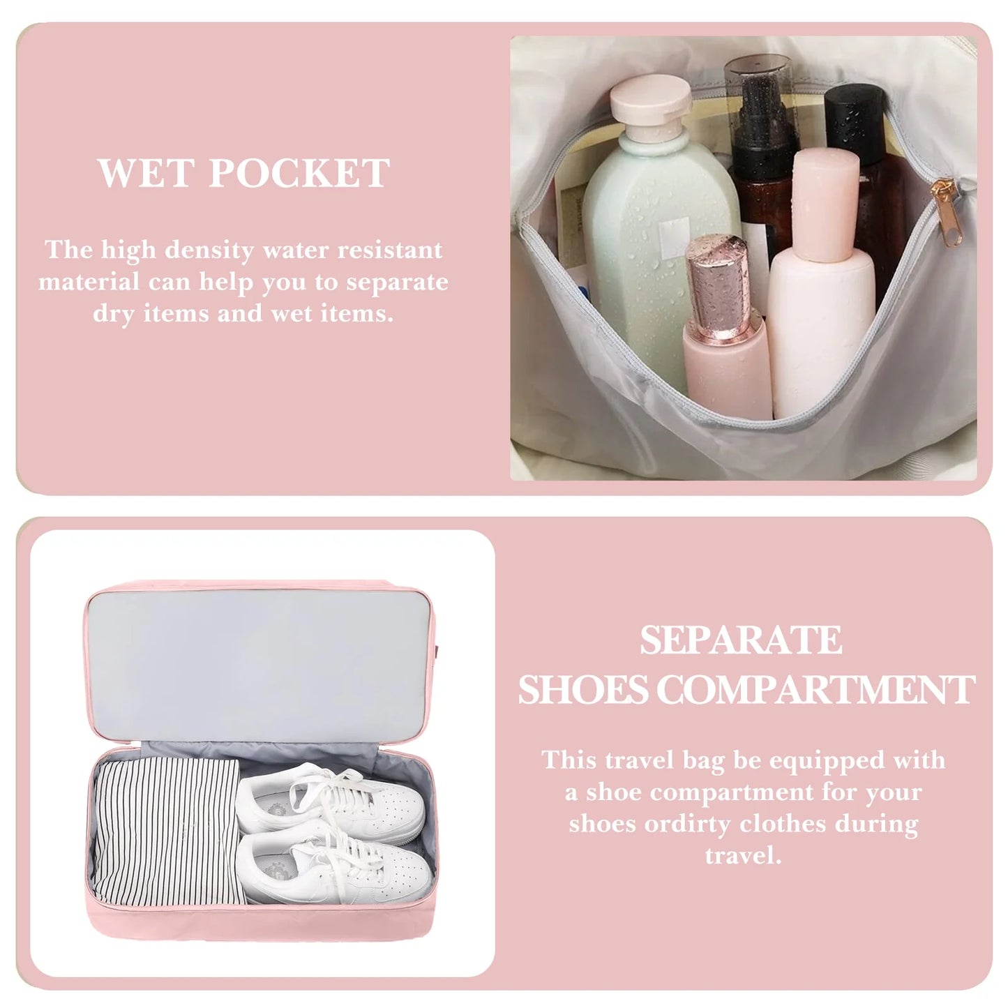 Women's Travel Duffel Bag - Large Gym Weekender Bag with USB Charging Port, Wet Pocket, and Shoe Compartment in Pink