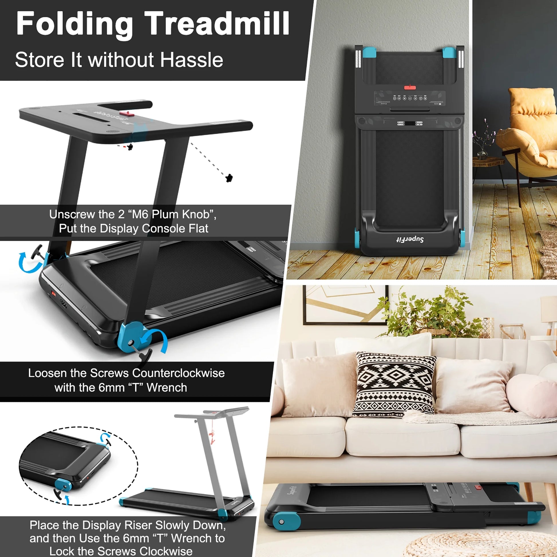 Superfit Compact Electric Treadmill with App Control and Integrated Speaker