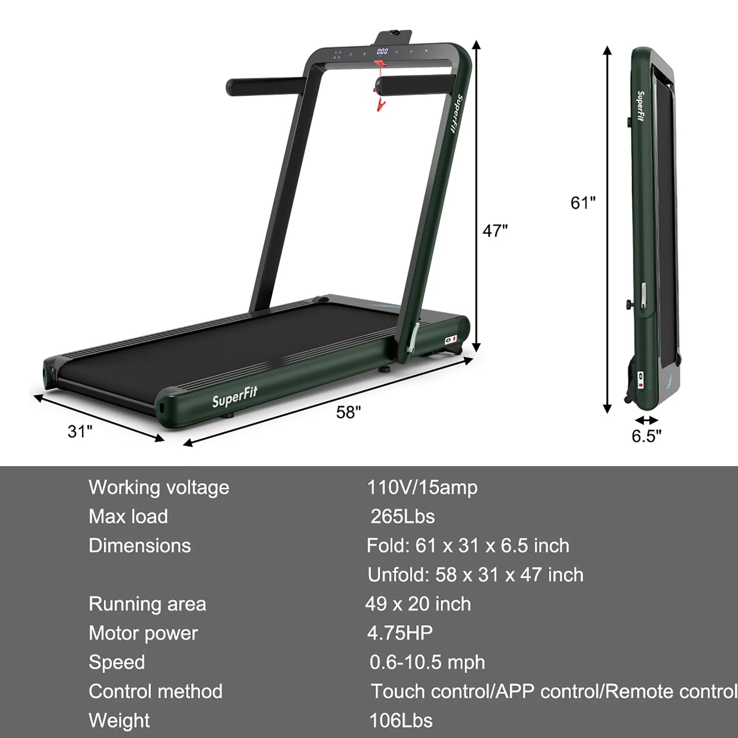 Superfit 4.75HP 2-in-1 Folding Treadmill with Remote App Control for Home Use
