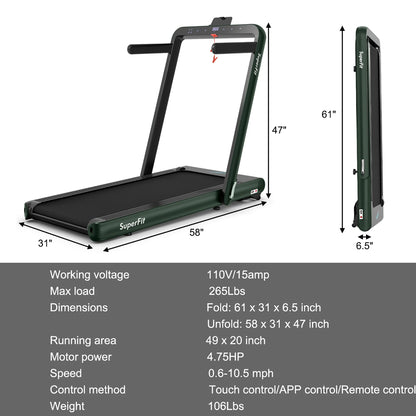 Superfit 4.75HP 2-in-1 Folding Treadmill with Remote App Control for Home Use